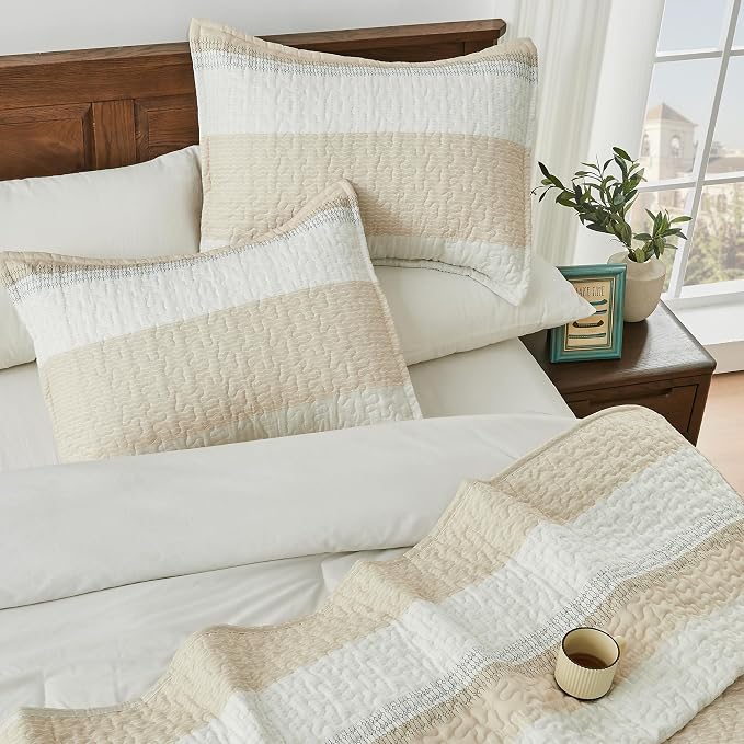 Andency California King Size Quilt Set Beige, 3 Pieces Beige Ultra Soft - Image 3