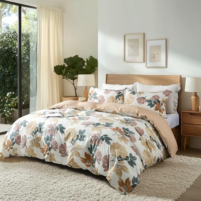 OAITE Duvet Cover Twin Size, Reversible Blooming Flower Orange Duvet Cover Set - Image 2