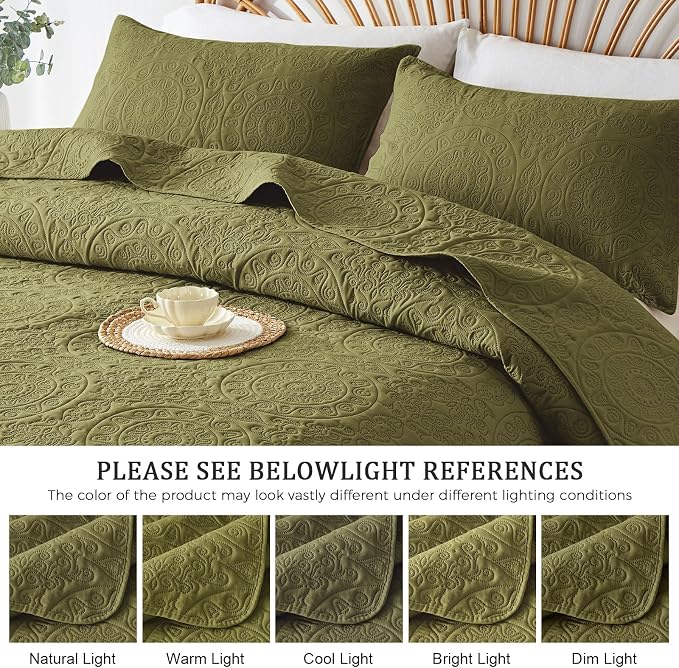 WURUIBO Olive Green Quilt Set King/Cal King Size, Embossing Microfiber - Image 6