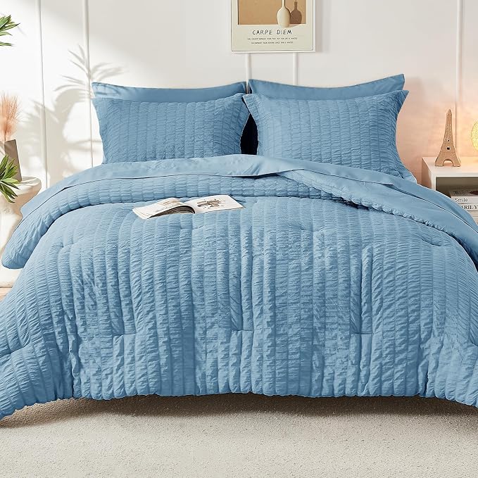 HYMOKEGE Mineral Blue King Size Comforter Set Seersucker 7 Pieces, All Season - Image 9