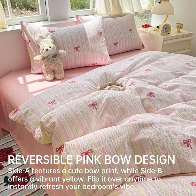 BOLINLIVING Pink Bow Duvet Cover Queen Size, Girls Cute Striped Bowknot Yellow - Image 2
