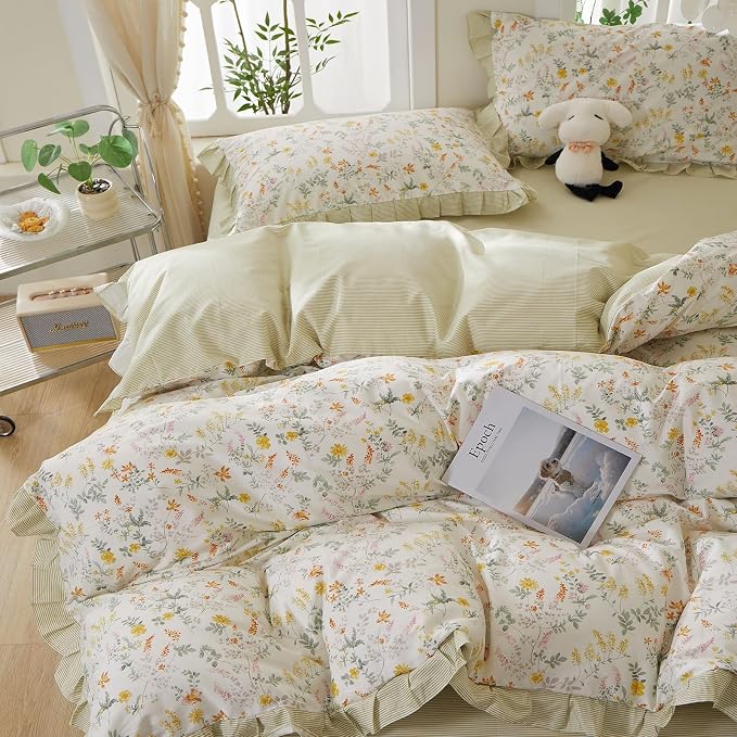 mixinni 100% Cotton Duvet Cover Set Twin XL, Reversible Spring Floral Ruffle - Image 5