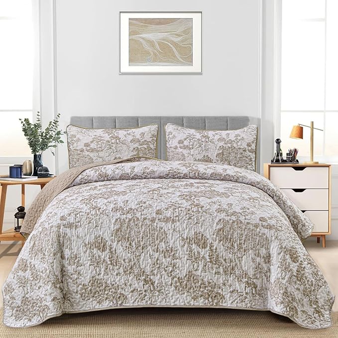 WONGS BEDDING Botanical Quilt Set Queen Size, Khaki 3 Pieces Toile Floral - Image 2