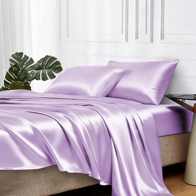 MR&HM Satin Bed Sheets with Elastic Corner Straps, King Size Sheets Set by MRHM