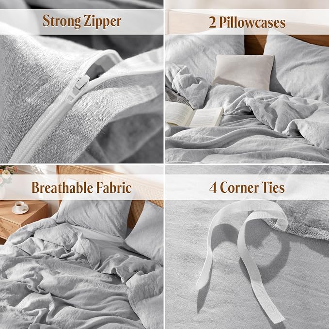 LBRO2M 100% France Linen Duvet Cover Set King Size 3 Pcs Natural Flax Comforter - Image 5