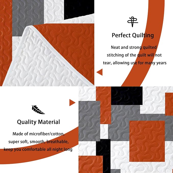 Tyrot 3 Piece Orange Grey Quilt Set California King Size Black White Gray - Image 4