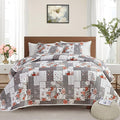 Patchwork Quilt Set Full/Queen Size, 3 Pieces Grey Floral Plaid Summer by Flysheep