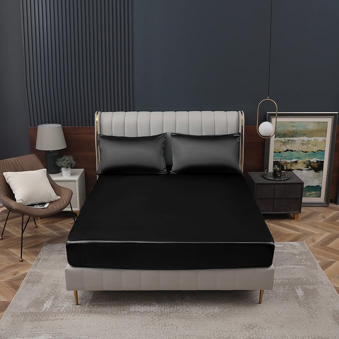 Homiest Black Satin Fitted Sheet King Size, Deep Pocket, Luxury & Ultra Soft - Image 2