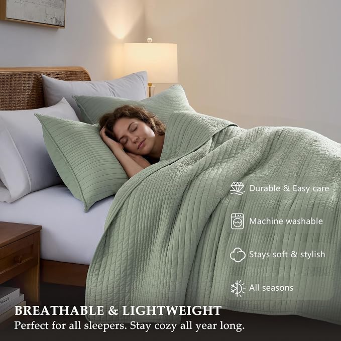 PALASSIO Striped Sage Green 100% Cotton Quilt California Cal King Size Bedding - Image 5