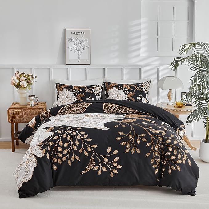 mixinni Floral Duvet Cover King Size, 3 Pieces White Flowers and Gold Leaves by mixinni