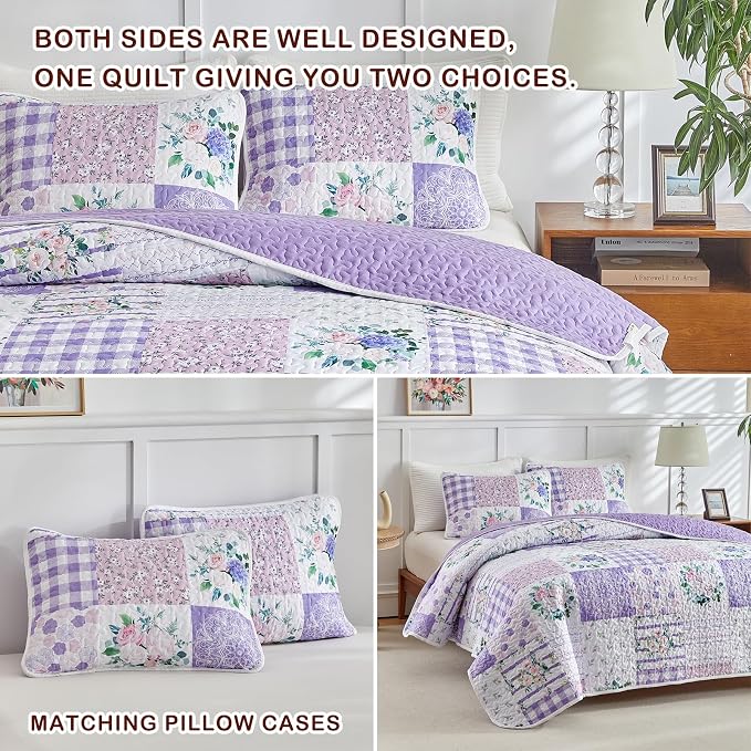 Joyreap 2 Pieces Floral Quilt Set Twin, Patchwork Purple n Pink Flowers Design - Image 5