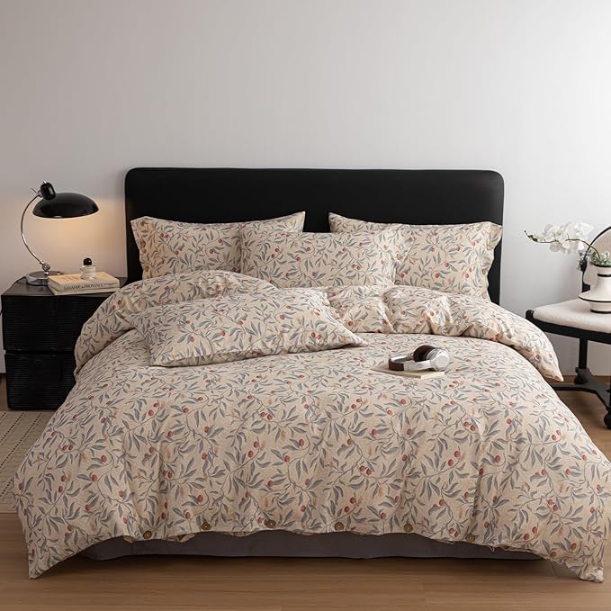 mixinni Cotton Linen Floral Duvet Cover Set King Size – Vintage Botanical Print - Image 3