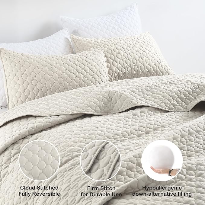 HORIMOTE HOME Quilt Set King Size Beige Bedspread, Modern Style Quilted Clouds - Image 5
