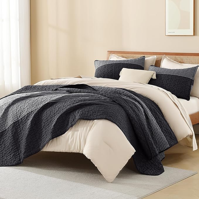 Litanika Oversized King Quilt Set Black and White, 120x120 Stripe Bedspread - Image 4