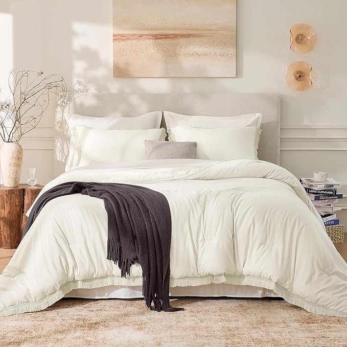 Andency King Size Comforter Set Ivory, 3 Pieces Boho Soft Lightweight Bedding - Image 2
