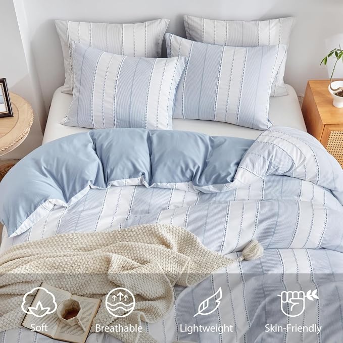 WARMDERN Blue Striped Weave Duvet Cover Queen Size, Microfiber Textured Bedding - Image 3