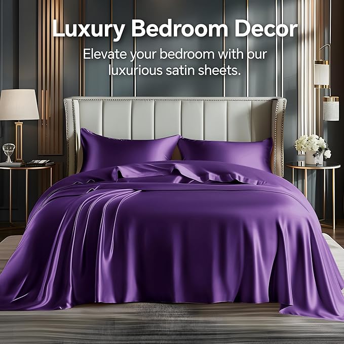 BEDELITE Satin Sheets Twin Size Bed Set, Luxury Soft Plum Purple Silky Sheets - Image 2