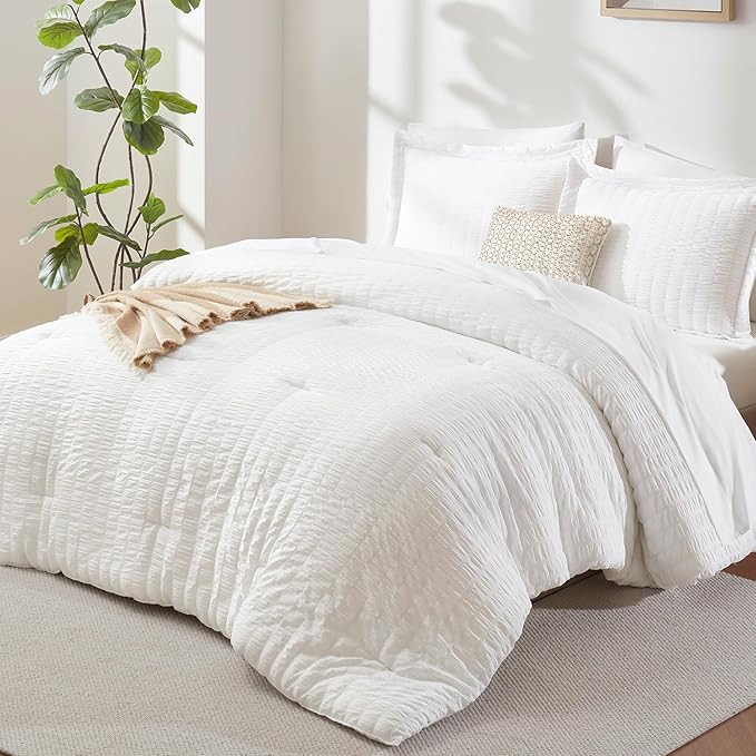 CozyLux King Size Comforter Set White Seersucker 7 Pieces Bed in a Bag King by CozyLux