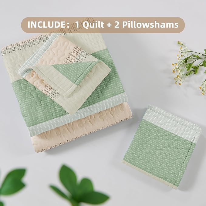 Andency Queen Quilt Bedding Set Mint Pink, 3 Pieces Patchwork Summer Striped - Image 6