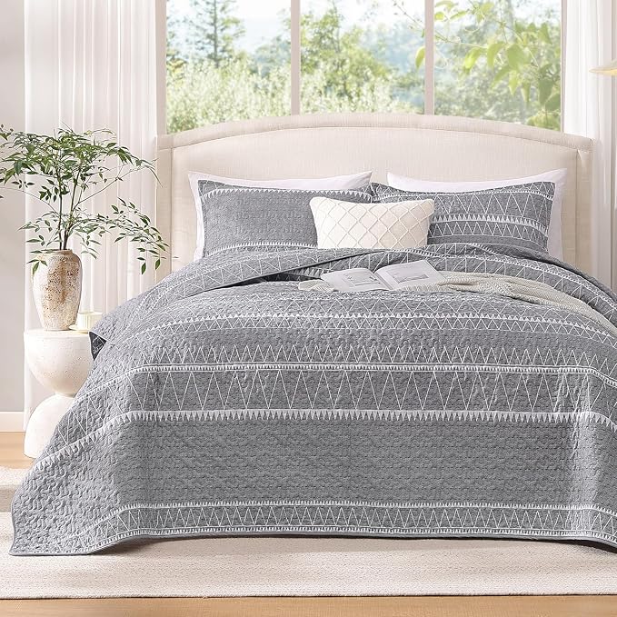 Andency King Size Quilt Set Grey, 3 Pieces Boho Lightweight Soft Striped by Andency