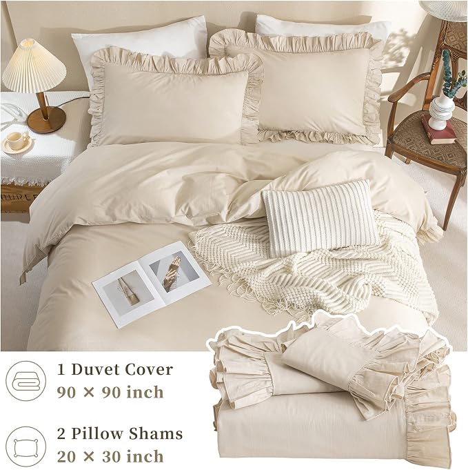 QSH Washed Cotton Queen Duvet Cover Set Ruffle Duvet Cover Linen Textured - Image 6