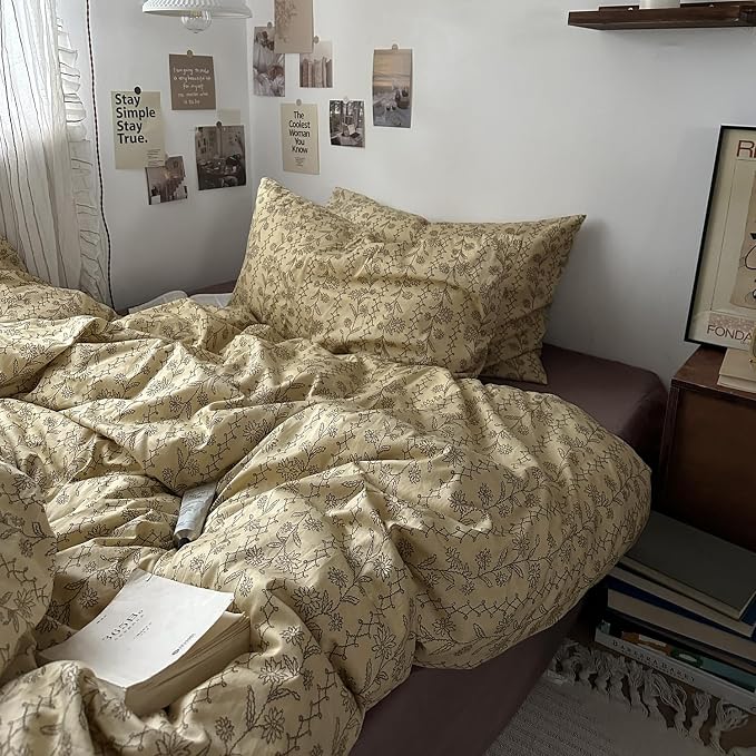 MKXI Beige & Brown Vintage Floral Duvet Cover Set Twin Size - Image 3