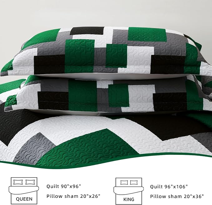 Tyrot 3 Piece Green Quilt Set Full/Queen Size Green Black White Geometric - Image 7