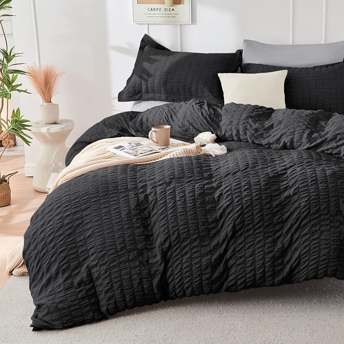 HYMOKEGE Black/Light Grey Twin Comforter Set Seersucker 5 Pieces, All Season - Image 2
