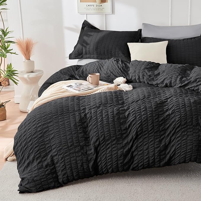 HYMOKEGE Black/Light Grey Duvet Cover King Size, Ultra Soft 3-Piece Seersucker by HYMOKEGE