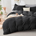 HYMOKEGE Black/Light Grey Duvet Cover Queen Size, Ultra Soft 3-Piece Seersucker by HYMOKEGE