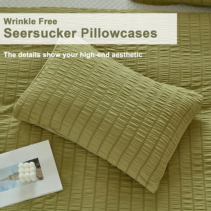 AveLom Olive Green Seersucker Duvet Cover Set Queen Size, 3 Pieces, Ultra Soft - Image 6