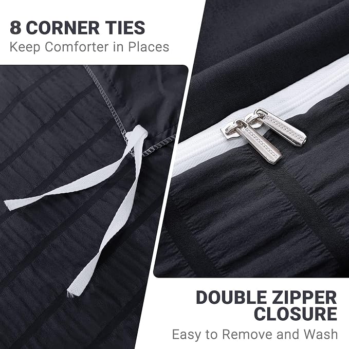 HYMOKEGE Black Duvet Cover Queen Size, Ultra Soft 3-Piece Seersucker Duvet - Image 5