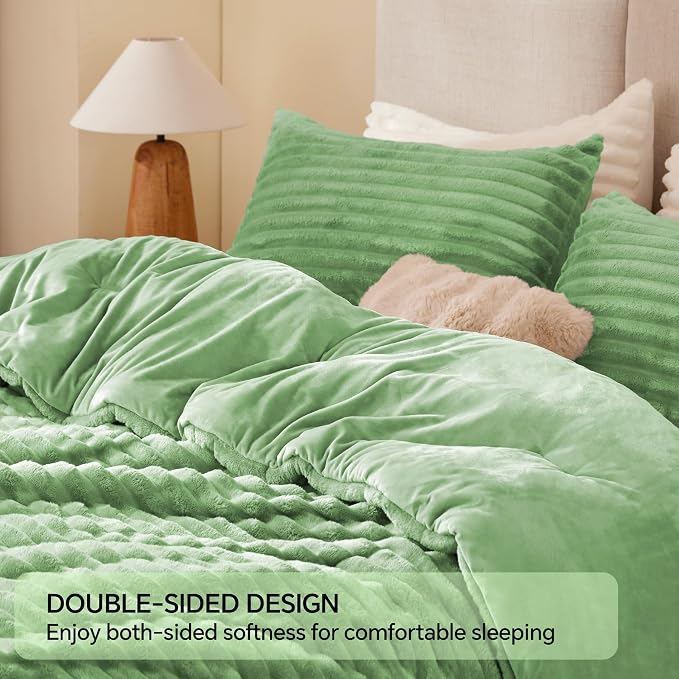 BEDELITE Fleece Full Comforter Set -Super Soft & Warm Fluffy Green Bedding - Image 5