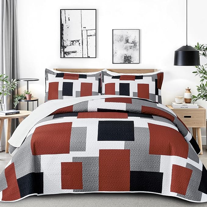 Tyrot 3 Piece Burnt Orange Grey Quilt Set King Size Black White Gray Geometric by TyrotHomeDecor