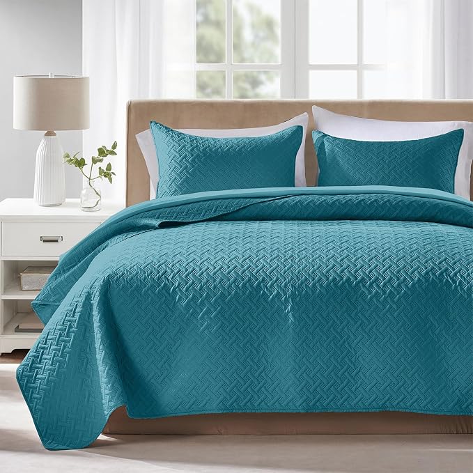 FLYMME Twin Quilt Set, Lightweight Teal Bedspreads, Basket Weave Pattern by FLYMME