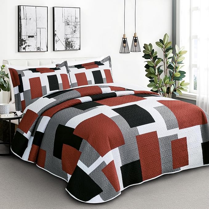Tyrot 3 Piece Burnt Orange Grey Quilt Set California King Size Black White - Image 2