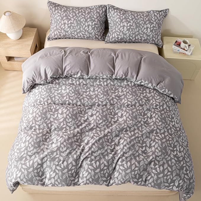 OAITE Grey Fallen Leaves Twin Size Duvet Cover-3 Pieces Prewashed Cotton-Like - Image 6