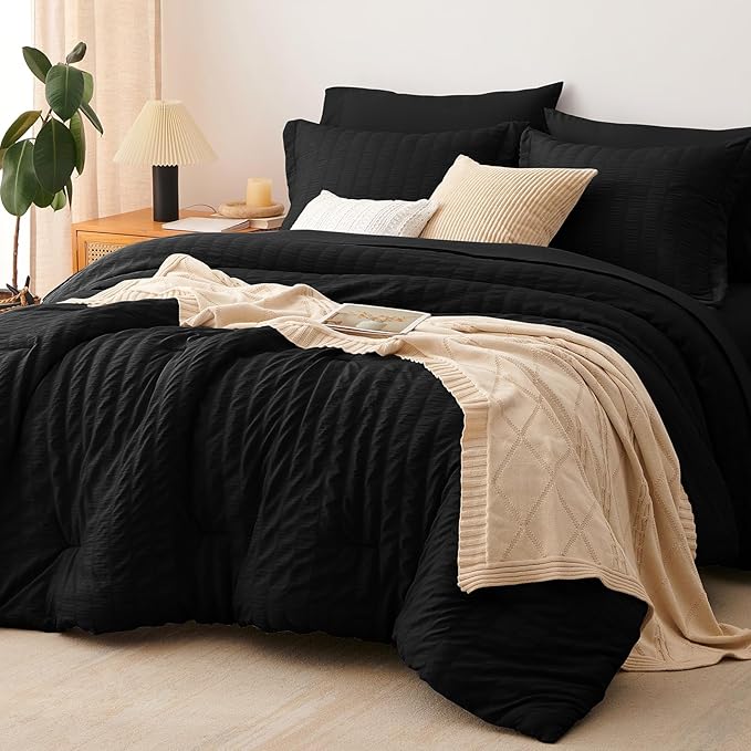 CozyLux Oversized Queen Comforter Set Black Seersucker 7 Pieces 98x98 Bed in a by CozyLux