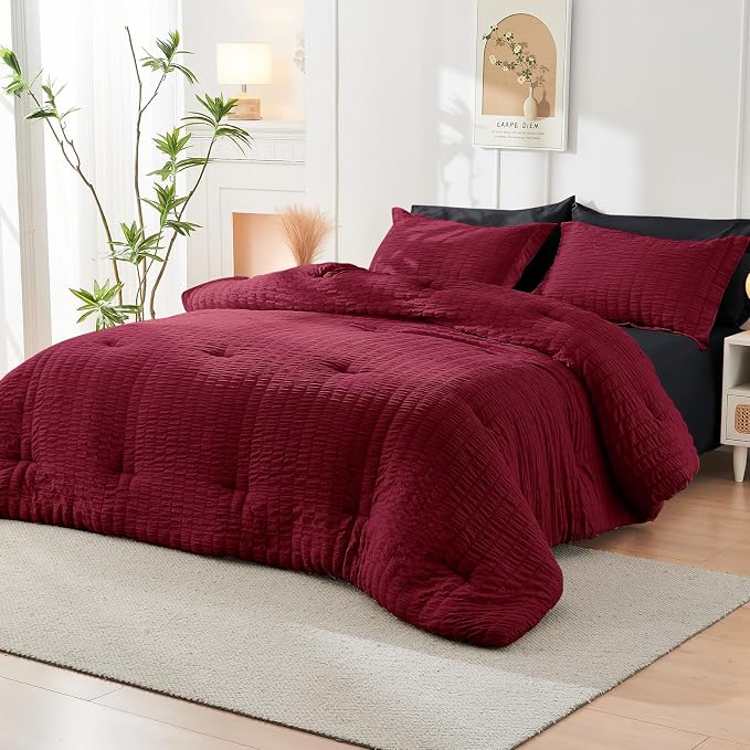 HYMOKEGE Red & Black Full Size Comforter Sets Seersucker 7 Pieces, All Season - Image 9