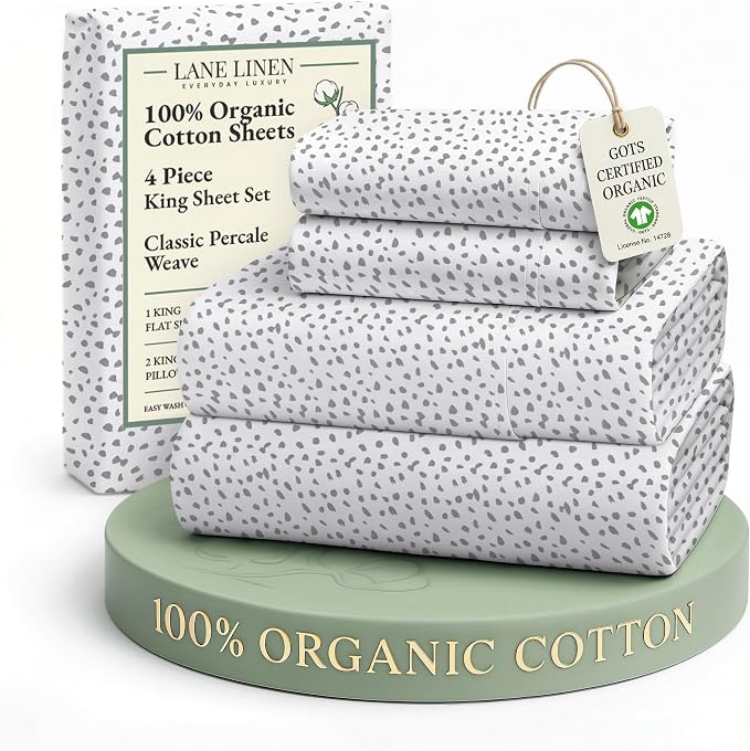 LANE LINEN 100% Organic Cotton Printed King Bed Set, All Season Crisp Percale by LaneLinen