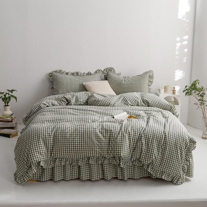 mixinni Green Gingham Ruffle Duvet Cover Twin XL Size 3 Pieces – 100% Washed - Image 3