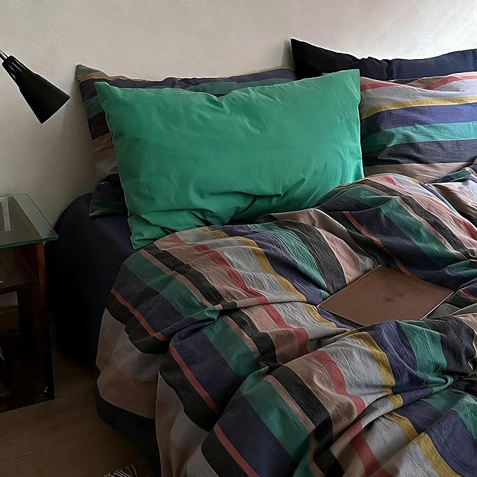 mixinni Vintage Striped Duvet Cover Full 100% Washed Cotton Bedding Set Retro by mixinni