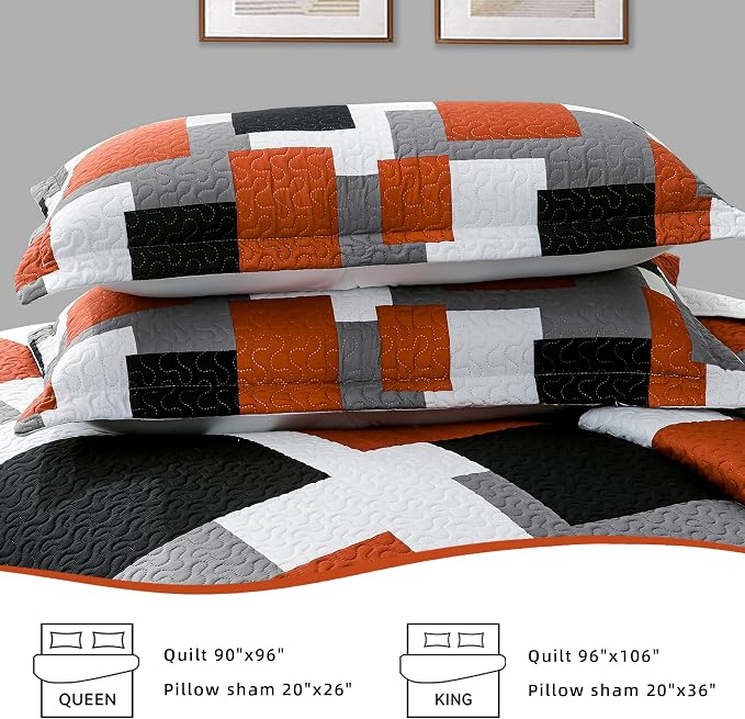 Tyrot 3 Piece Orange Grey Quilt Set California King Size Black White Gray - Image 7