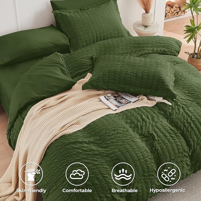 HYMOKEGE Olive Green Duvet Cover Queen Size, Ultra Soft 3-Piece Seersucker - Image 2