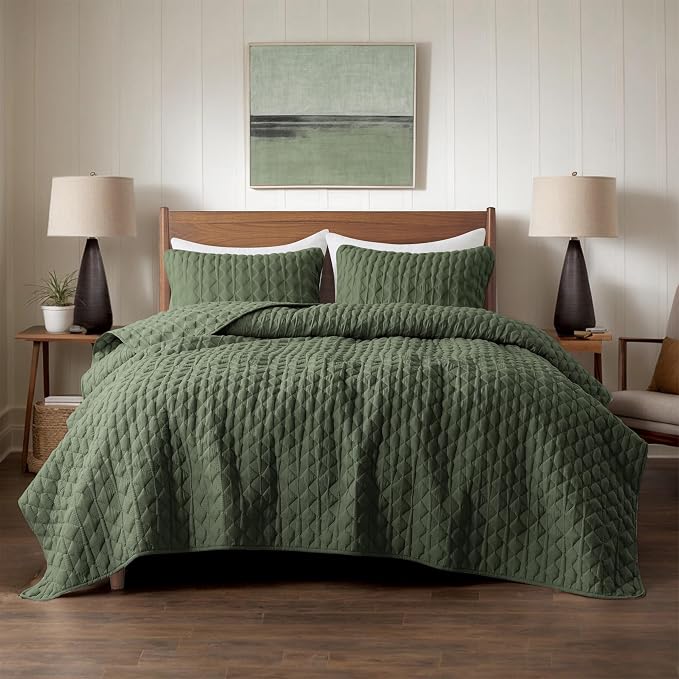 WDCOZY Olive Green Oversized California Cal King Size Quilt Bedding Set - Image 2