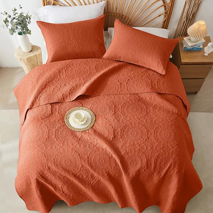 WURUIBO Burnt Orange Quilt Set Queen Size, Embossing Microfiber Full Bedspreads - Image 8