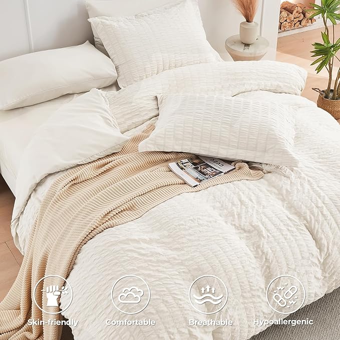 HYMOKEGE Ivory Full Size Comforter Sets Seersucker 7 Pieces, All Season Luxury - Image 3