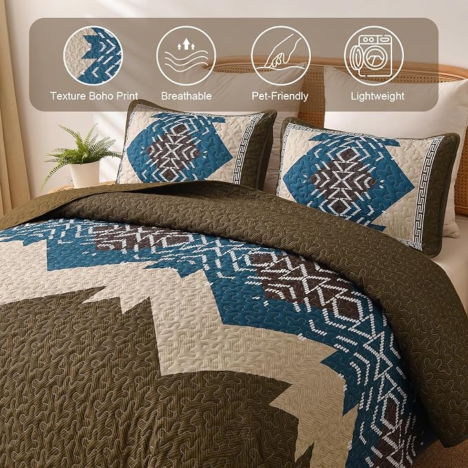 Dintszyayue Brown Boho Quilt Set Queen, Aztec Western Quilt Bedspread Set - Image 5