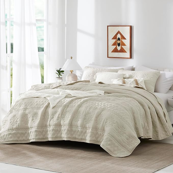 WDCOZY Beige Boho Oversized California Cal King Size Quilt Bedding Set - Image 2