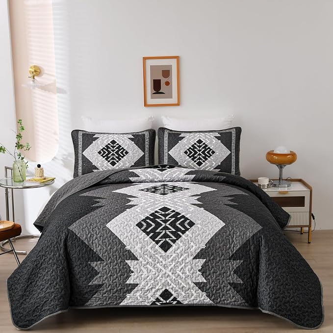 Dintszyayue Boho Quilt Set King Size 3 Pieces Black Grey Aztec Texture by Dintszyayue